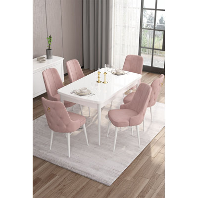 Modern Extendable Dining Table & Chairs Set (7 Pieces), White & Pink, Table: 51.2 x 30.7 x 31.0 in, Chairs: 18.5 x 37.0 x 17.7 in | 100% MDF & Plywood, Comfortable Foam Seats, Perfect for Family Dining & Entertaining
