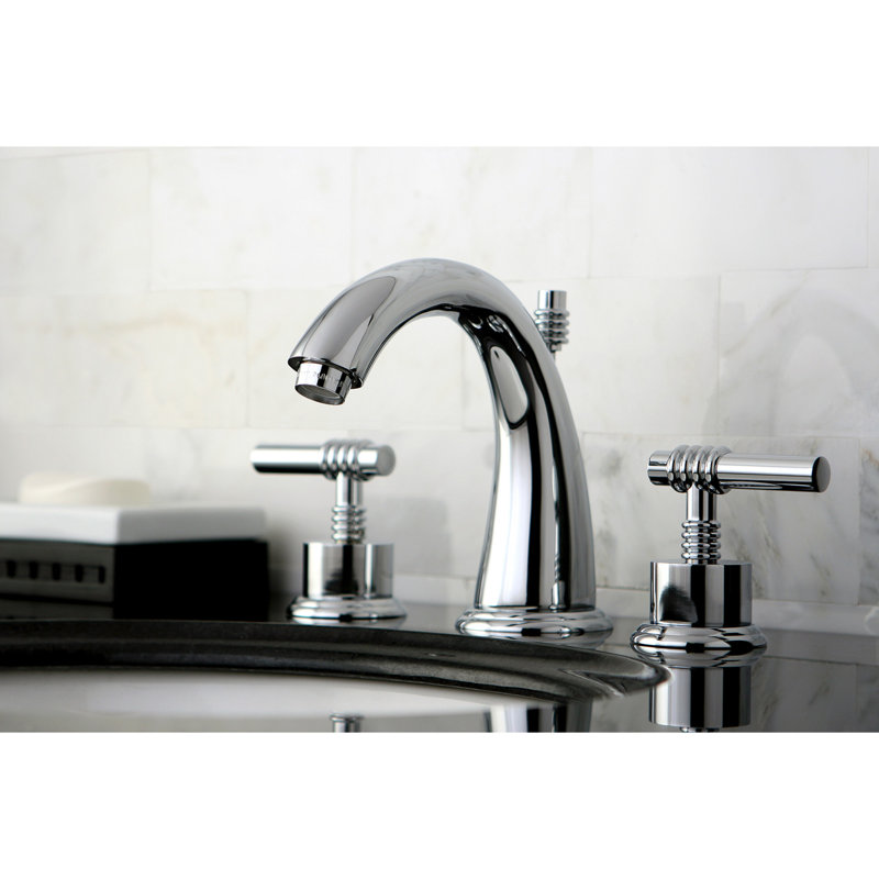 Kingston Brass Milano Two-Handle 3-Hole Deck Mount Widespread Bathroom Faucet with Brass Pop-Up Drain, Polished Chrome
