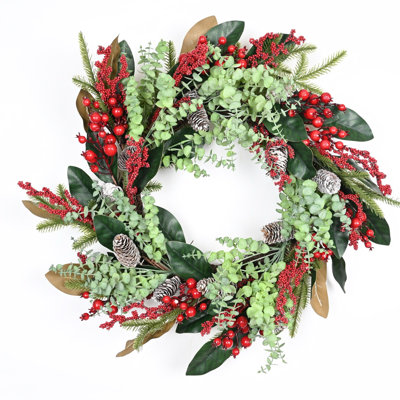 24" Artificial Farmhouse Greenery Foliage Leaves Mini Eucalyptus Pinecone Berry Winter Christmas Day Front Door Wreath
