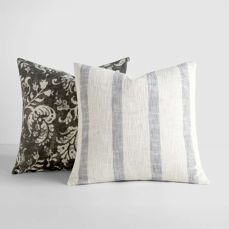 2-Pack Yarn-Dyed Patterns Decor Throw Pillows in Yarn-Dyed, Dark Gray Floral/Cream Stripe