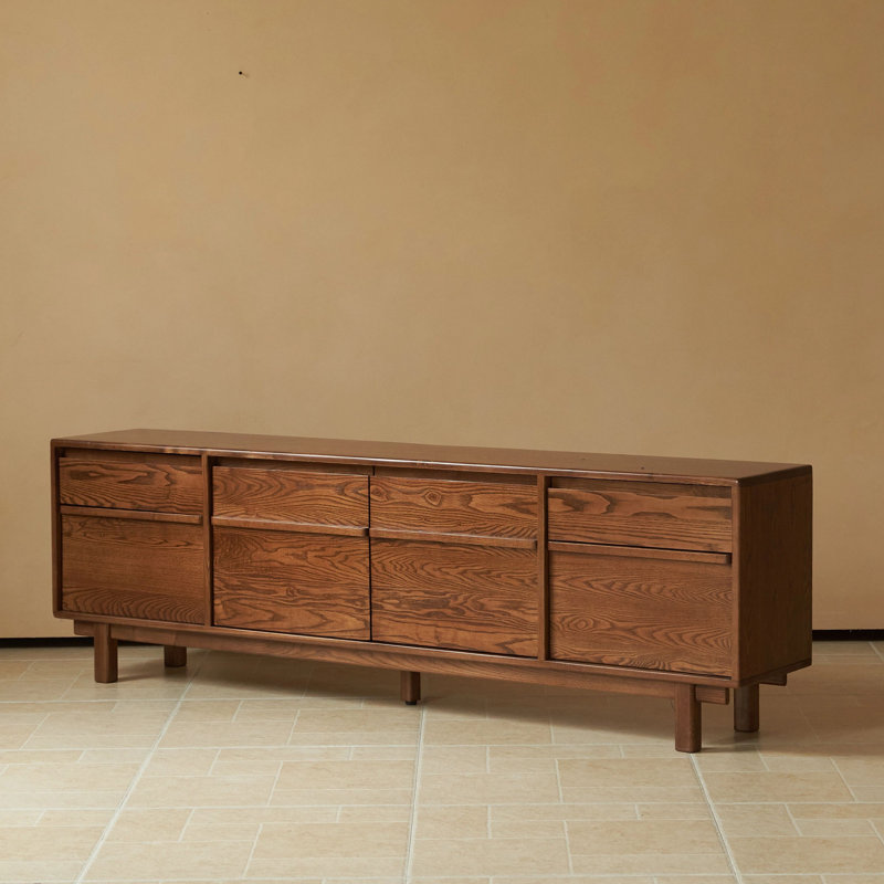 Meuble télé moderne en bois massif avec armoires de rangement et tiroirs, Brown Oak