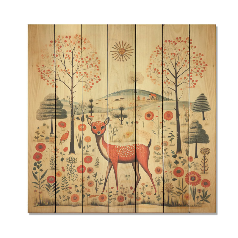 Motif de cerf orange et vert rétro - animal cerf sur bois, H 15 po x l 15 po