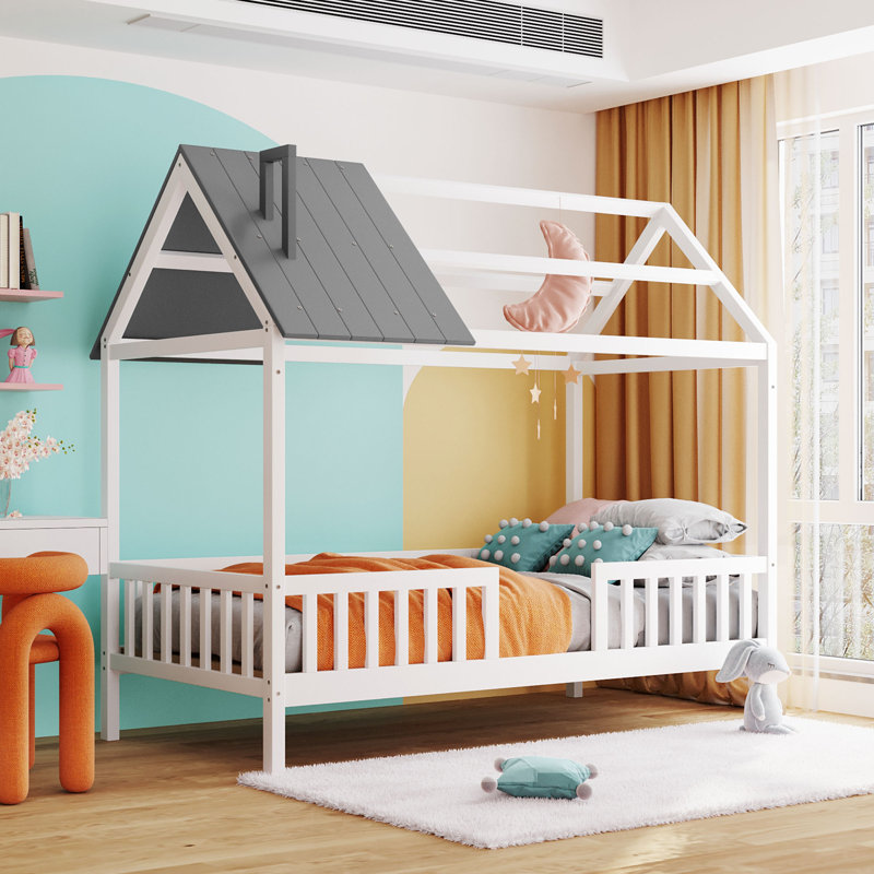 Lit en bois avec clôture, Blanc / gris, Simple