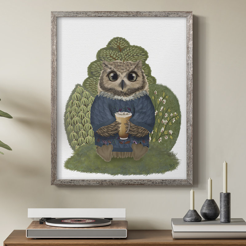 Latte Owl dans un chandail, reproduction encadrée - bois massif