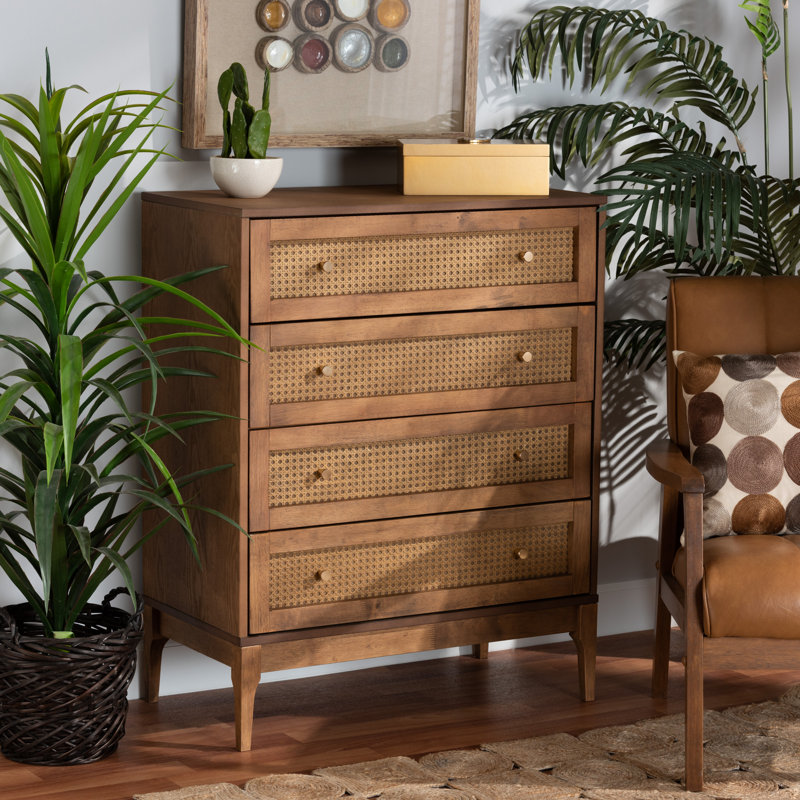 Bianaca Ramiel Mid-Century Modern Ash Wood and Rattan 4-Drawer Chest