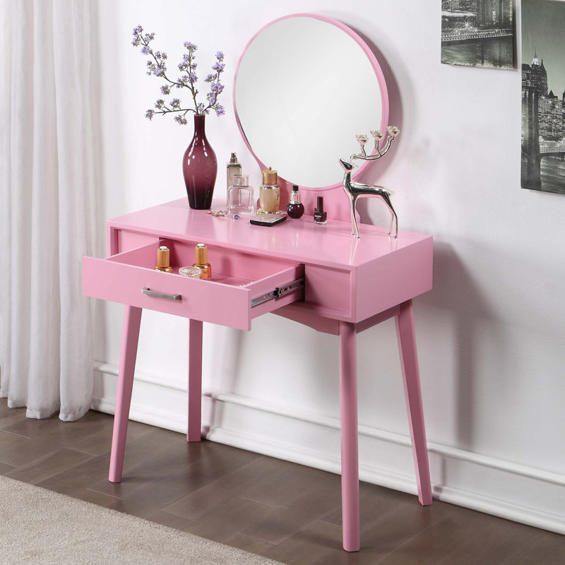 Contemporary Wood Vanity And Stool Set, Pink