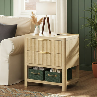 27.6 Inch Tall Nightstand With Charging Station And USB-C Port, Modern 2-Drawer Bedside Table With Fluted Fronts And Open Shelf, Natural