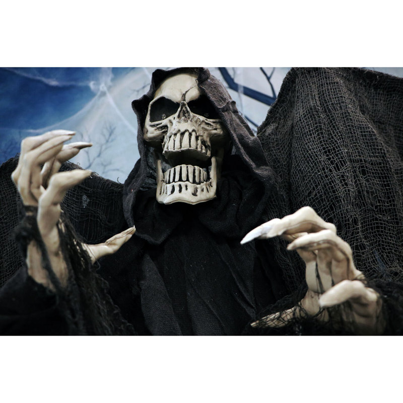 Haunted Hill Farm 63 In. Life-Size Skeleton Reaper with Wings, Poseable Halloween Animatronic with Touch Activated Lights and Sound