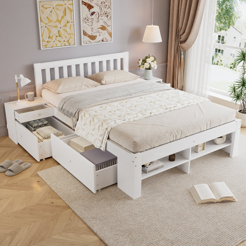 [135×190cm] 4ft6 Double Wooden Storage Bed with Bedside Table, 2 Under-Bed Drawers & Storage Compartments