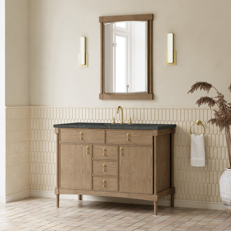 Kinnsden 48" W Single Vanity, Parisien Bleu Silestone, 8" Widespread, Weathered Oak
