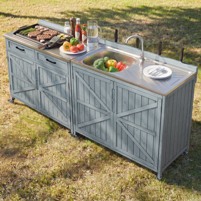 Outdoor Kitchen Island Series - 2 Piece Modular Solid Wood Set, 304 Sink Stainless Steel Station w/ Faucet, Drawer, 2 Door Shelves, Outdoor Storage Cabinet w/ Wheels for Backyard, Patio