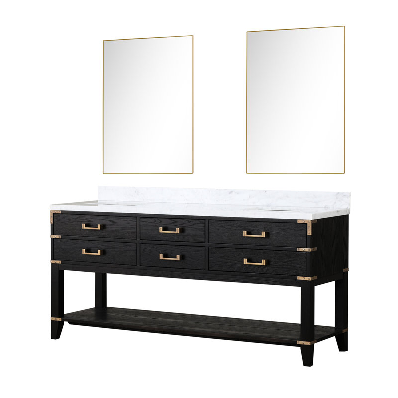 Meuble-lavabo double en chêne noir 22 po P, 72 W avec plateau en marbre scellé à la main, fermeture en douceur et 34 miroirs pour salle de bain