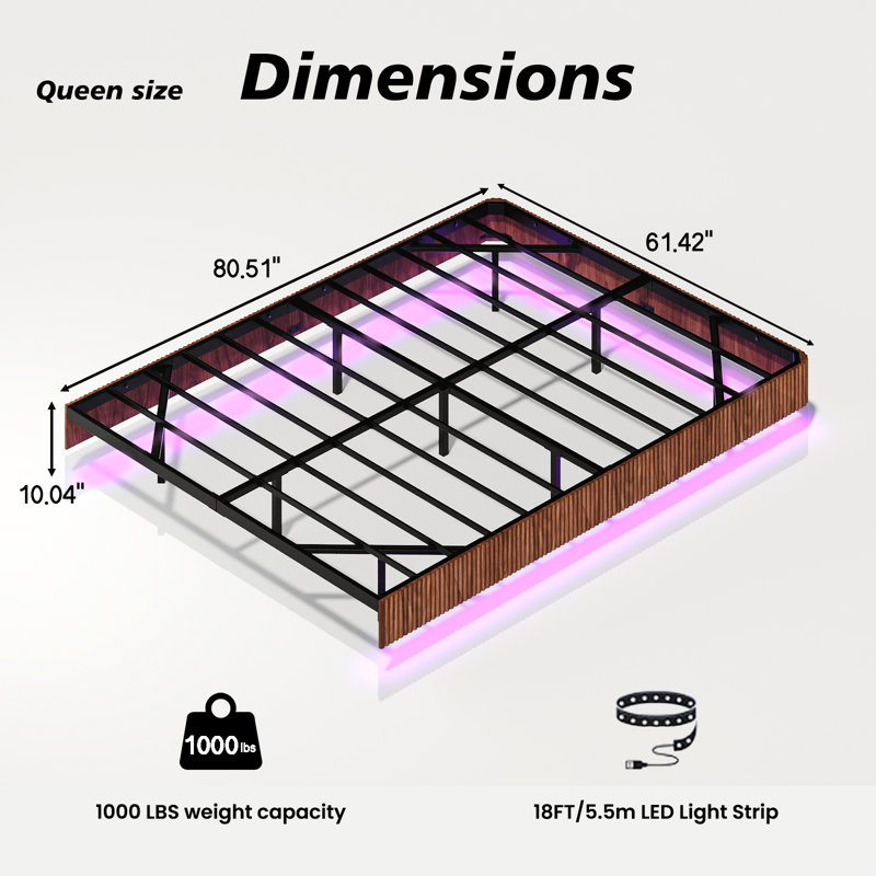 Walnut Queen Floating Bed Frame with LED Lights, Queen