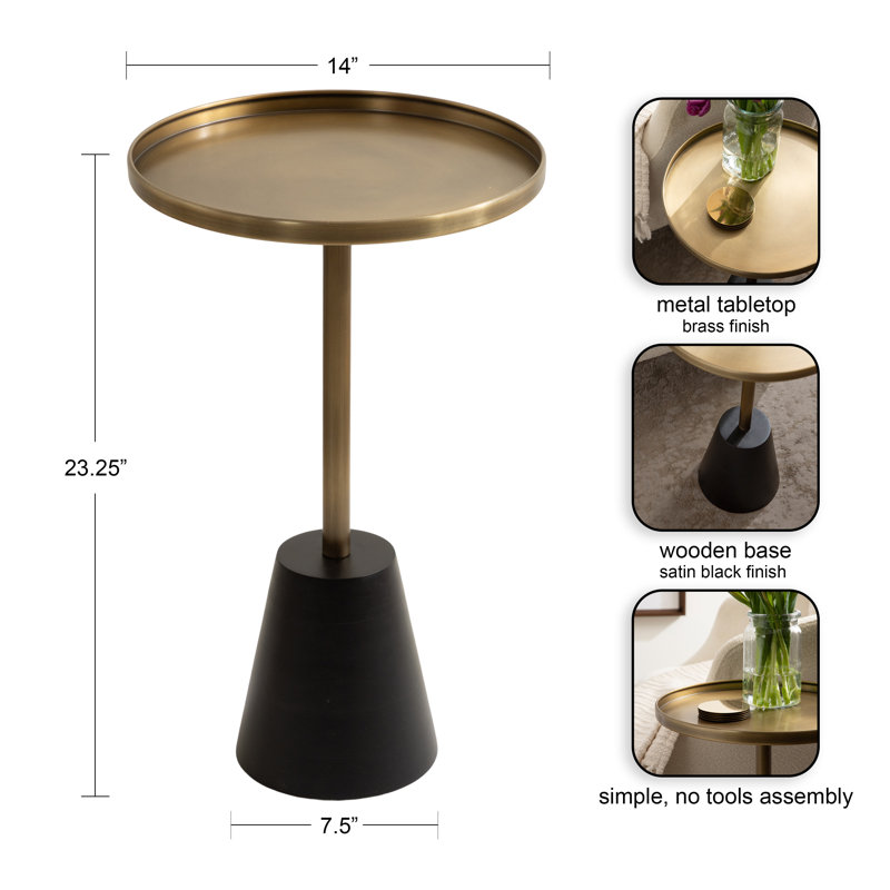 Lodia Round Wood and Metal End Table, Gold, Black