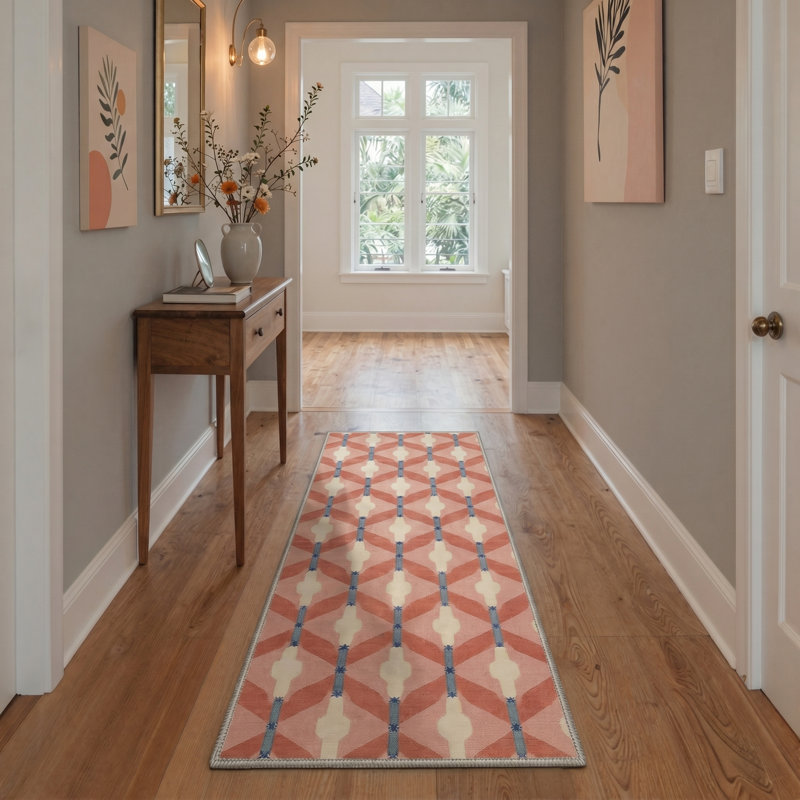 Tapis d'intérieur moderne à rayures rouges / beiges / bleu lavable à la machine avec envers antidérapant, Runner 2'6" x 8'