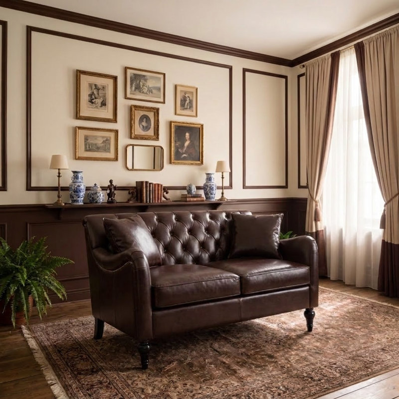 Canapé deux places avec dossier capitonné et garniture cloutée, comprend deux coussins décoratifs., Marron foncé