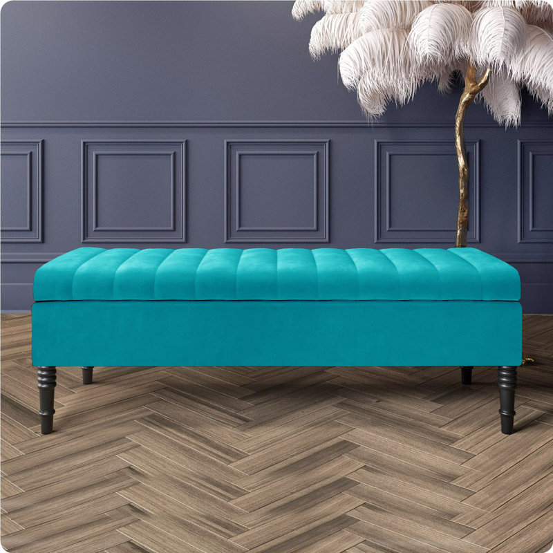 Safar Striped Ottoman Storage Bench – Upholstery Plush Velvet Shoe Bench with Black Turned Wooden Legs, Teal