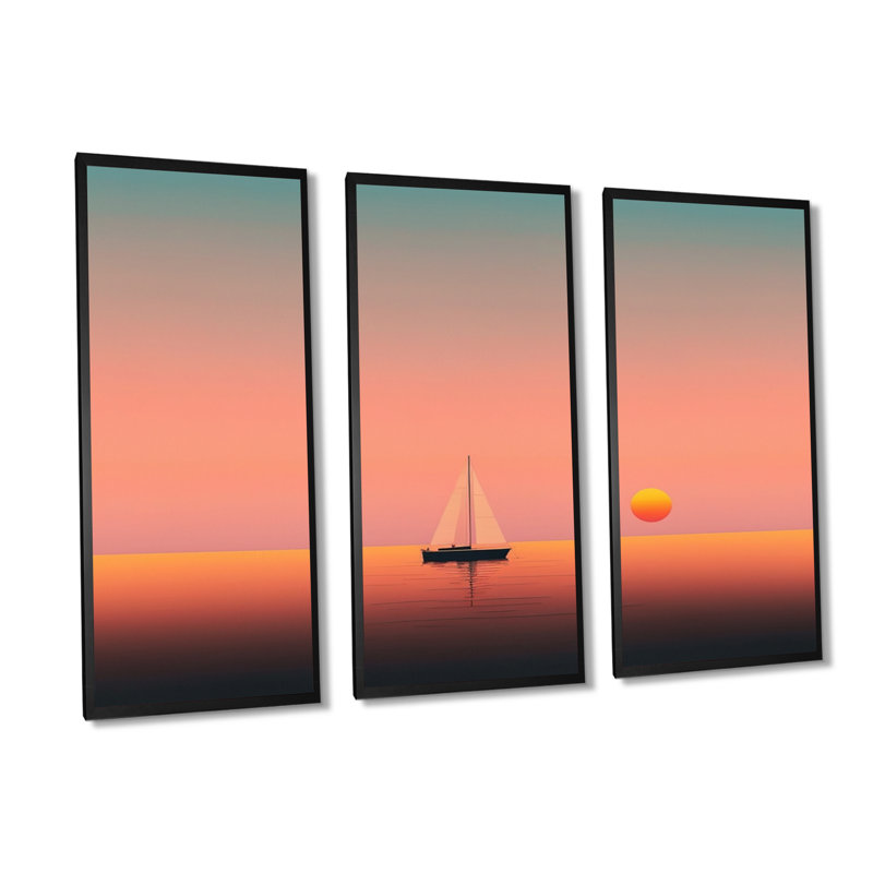 «Mnmalstc Sunset Durng The Full Moon», reproduction sur toile 3 pièces, Toile encadrée noire, L 36 po x H 28 po