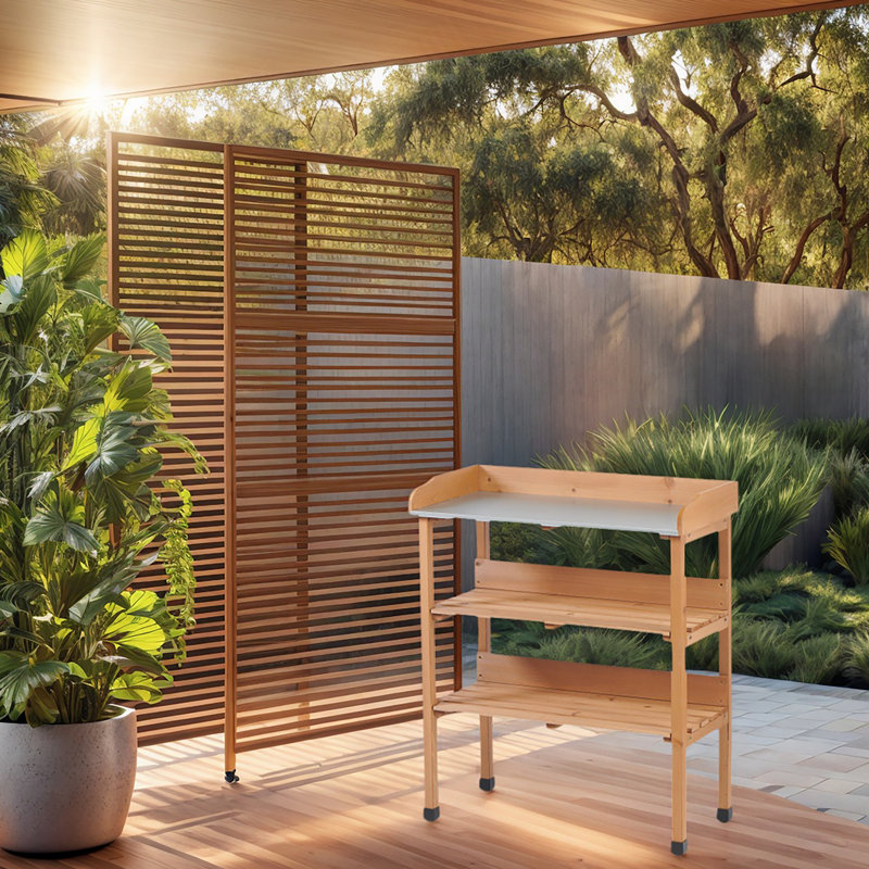 Table de rempotage 30 po x 14,5 po x 35,5 po avec plateau en métal, banc de travail extérieur à 3 couches avec crochet pour le jardin, poste de travail en bois massif pour le garage