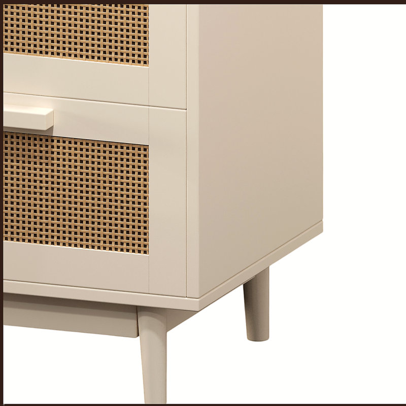 Rattan Nightstand, Wood End Table, Side Table with 2 Faux Rattan-Decorated Drawers, Bedside Table,Wood Accent Table with Storage for Livingroom, Bedroom,Burly wood