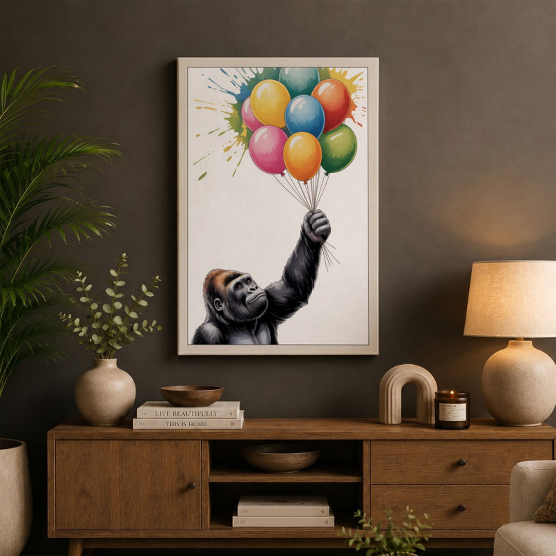 Chimpanzee and Balloons Modern 1 Piece Wrapped Canvas Wall Art, 36x24 - 91.4 x 61.0 cm, Sage Border