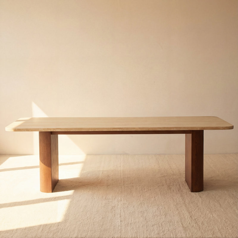 Ovelo 96" Brown Oak Dining Table with Travertine Top, Modern Rectangle Dining Table for 6-8 People, Brun