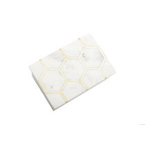 Decmode White Marble Decorative Box with Gold Linear Lines, 3 Count, Size: Small