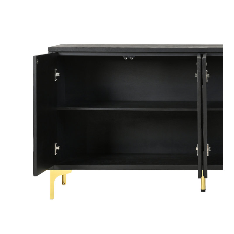 Buffet 60 po sans poignée, avec rangement ouvert à la main, crédence sculptée avec 4 portes, buffet de salon noir moderne, panneau d'entrée en bois (noir)