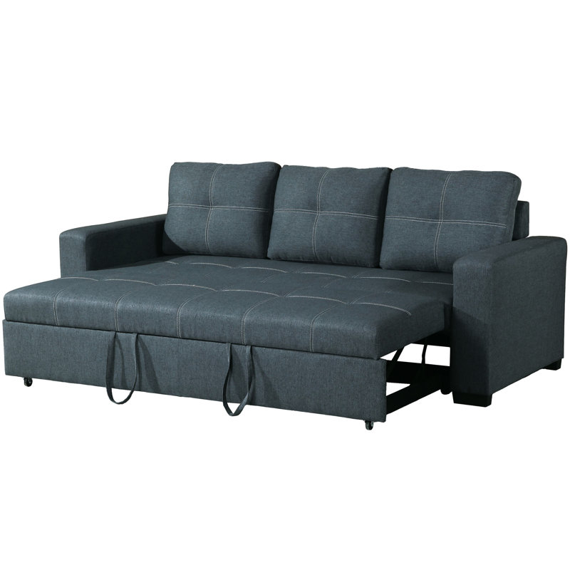 Convertible With Blue Grey Fabric And Long-lasting Wooden Frame, 85"x32"x33" , 85"x57"x33" Pull-out Bed
