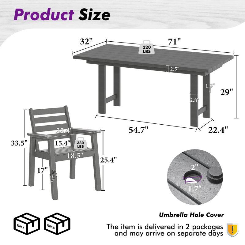 Immie 7- Piece HDPE Outdoor Dining Table Set With Chairs & Umbrella Hole, Gray, 6, Gray