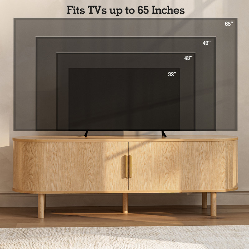 Tv Stand For Tvs Up To 60 Inch, Entertainment Center With Sliding Doors And Adjustable Shelf, Modern Tv Console With Storage For Living Room, Bedroom, Natural