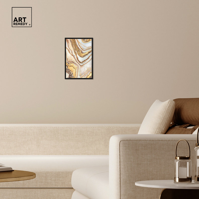 Golden Lines Abstract Canvas Wall Art with Black Frame