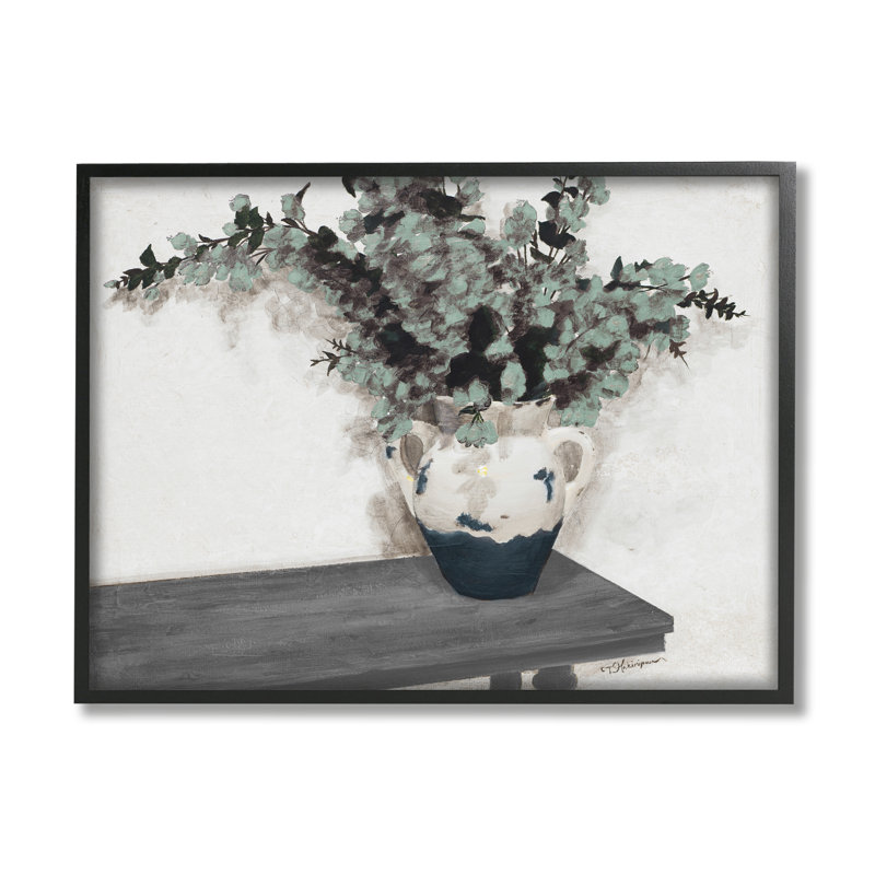 Pot d'eucalyptus réaliste, H 30 po x l 30 po x P 1,5 po, Giclée encadrée noir minuit