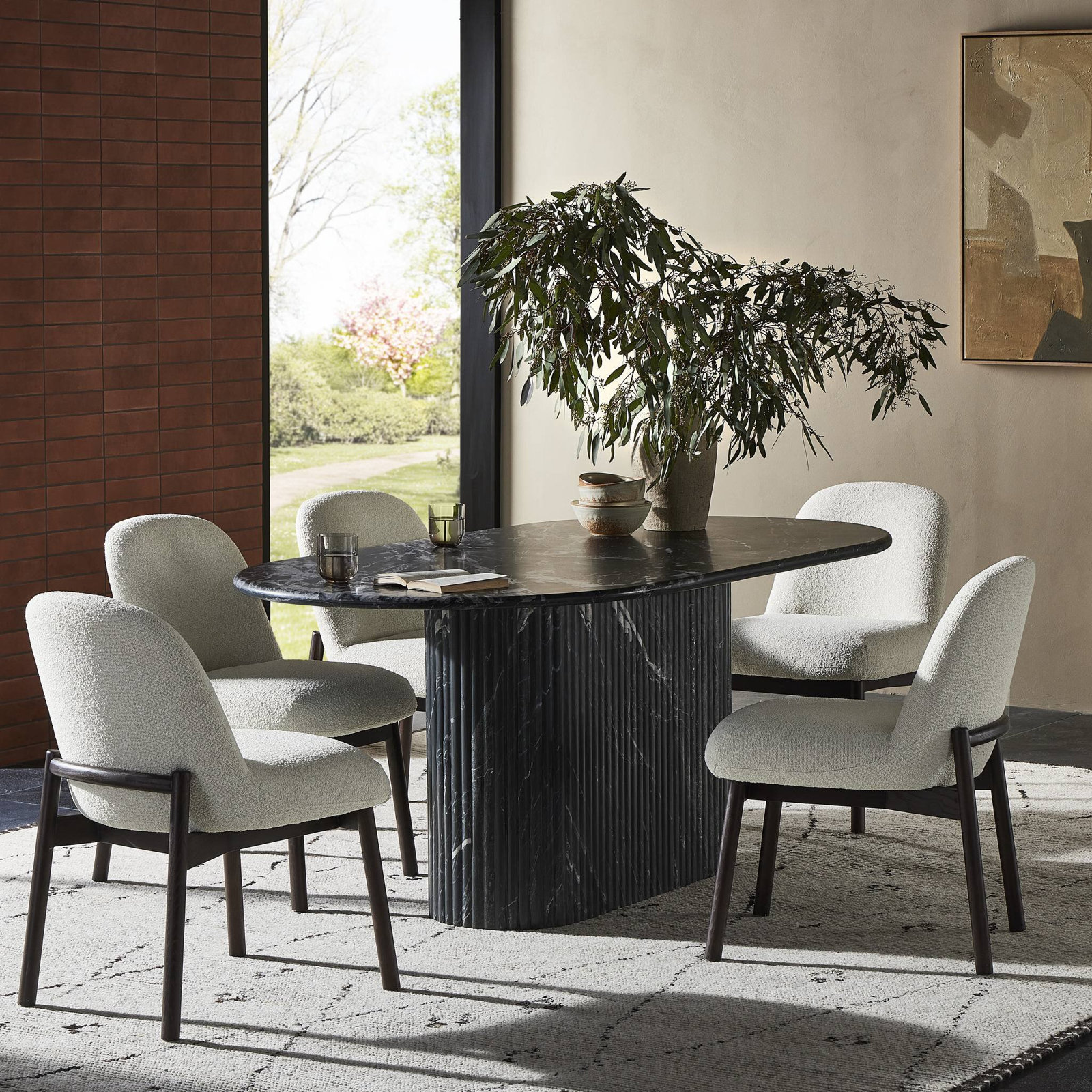 Holloman 74'' Oval Marble Dining Table, Black Marble/Black Scalloped Marble