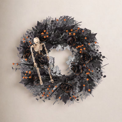 24"D Halloween  Black Rose, Skeleton And Berry Wreath Includes A Complimentary Black Metal Wreath Hanger