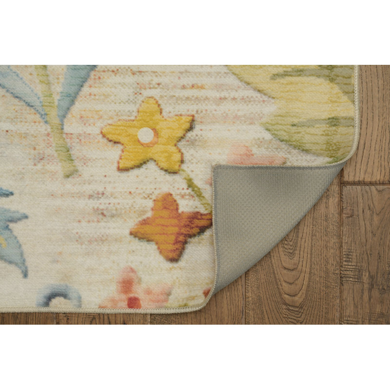 Elling Floral Ivory and Multi Indoor Outdoor Machine Washable Area Rug, Rectangle 5' x 7'