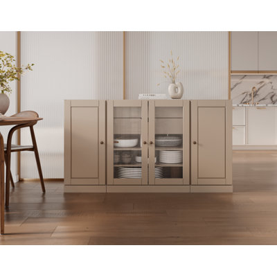 Buffet 100% bois massif 65 po avec portes en verre massif et transparent, 2 tiroirs et tablettes réglables