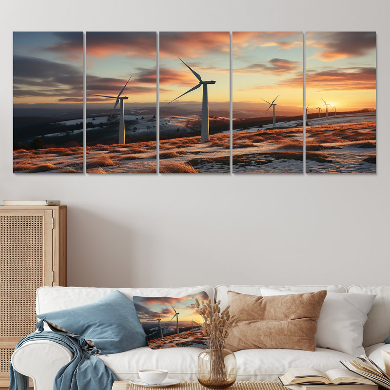 «Sunset Wind Turbines Mountain View II - Wind Turbines», art mural 5 pièces pour le salon, H 28 po x l 60 po