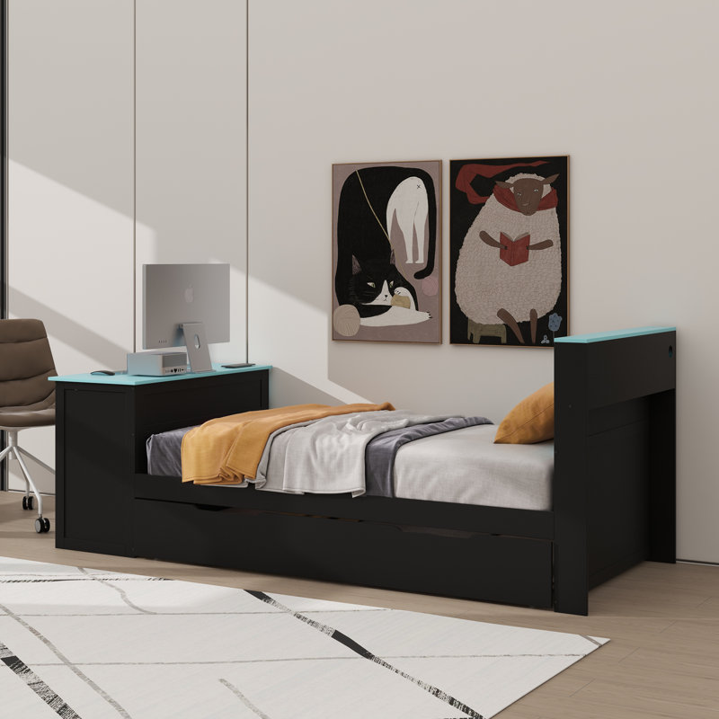 Lit de jour en bois avec lit gigogne, bureau, lumières DEL et port USB, Lit simple, Noir / Bleu