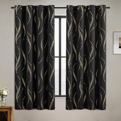 100% Blackout Thermal Insulated Curtains - Wave Line with Dots Gold Print, Grommet Top, 2 Panels
