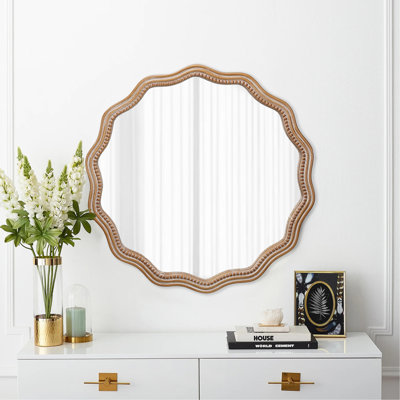 23,62 pouces miroir rond en bois ondulé miroir mural rond miroir festonné-grand décor encadré en bois suspendu cercle cercle moderne décor de ferme pour la salle de bain, salon, chambre de bébé décor