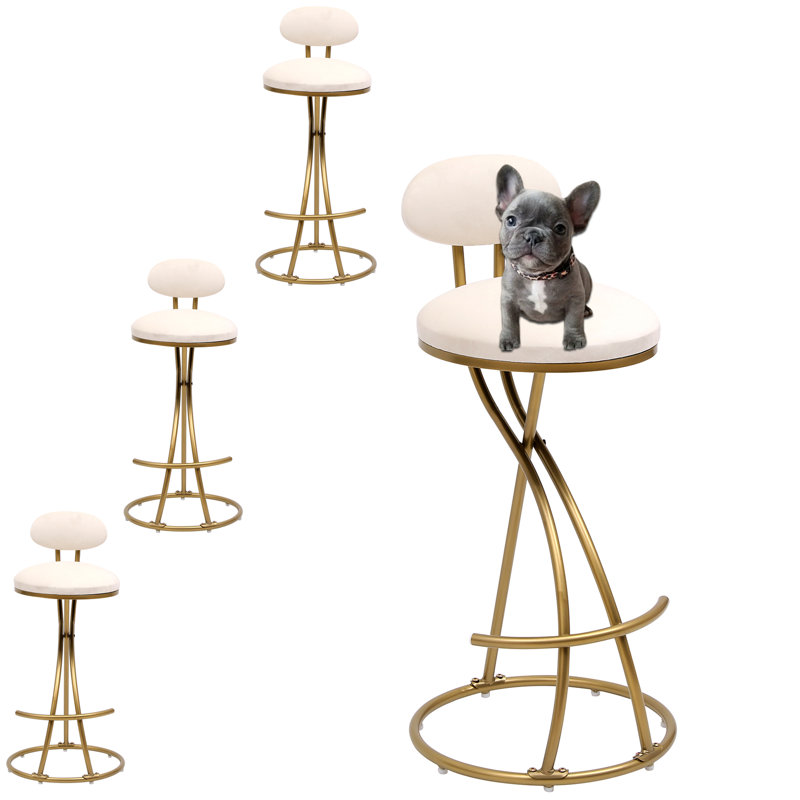 Modern S-Shaped Metal Leather Round Bar Stools With Footrest (Set of 4), Cream Foam Padding/ Gold Frame