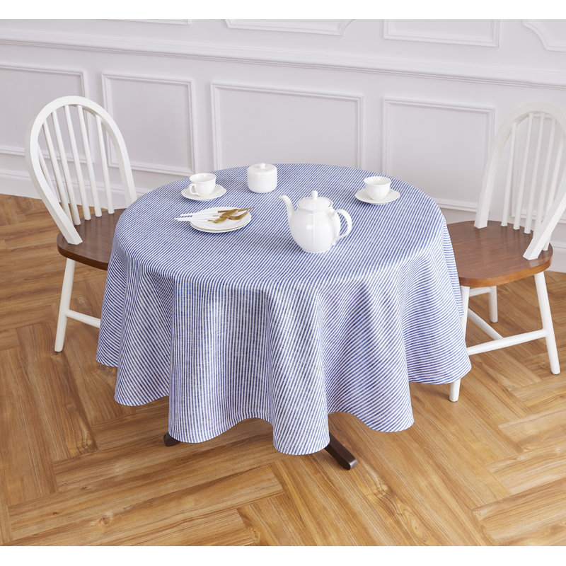 Narrow Stripe - 100% Pure Linen Tablecloth, Navy/White, 60" Round