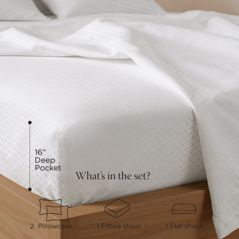 300 Thread Count 100% Cotton Jacquard Sheet Set in Sateen Weave, Queen Sheet Set with 2 Pillowcases, White Astra