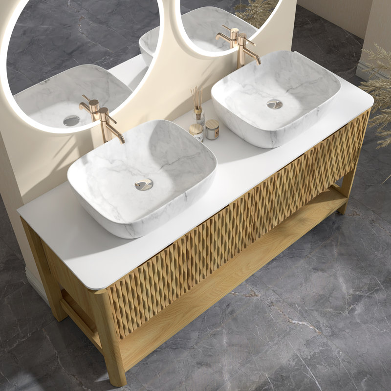 Meuble-lavabo autoportant en contreplaqué avec plateau en pierre frittée, portes en bambou et tablette ouverte, L 60 po