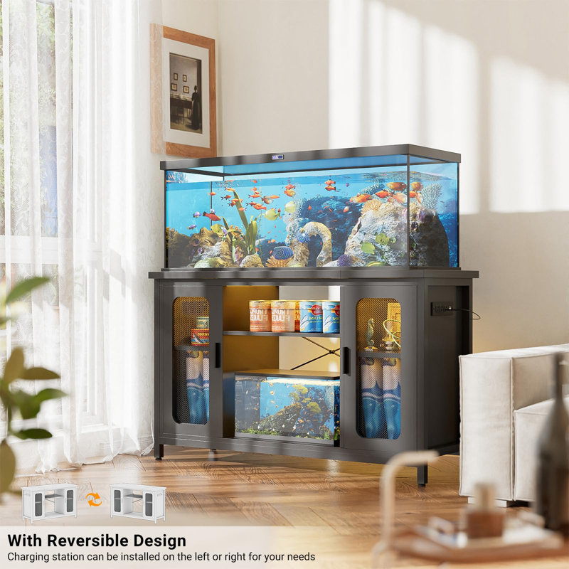 Rectangle Aquarium Stand With LED Lights, 55-75Gallon Reversible Terrarium Stand With Cabinet, Black