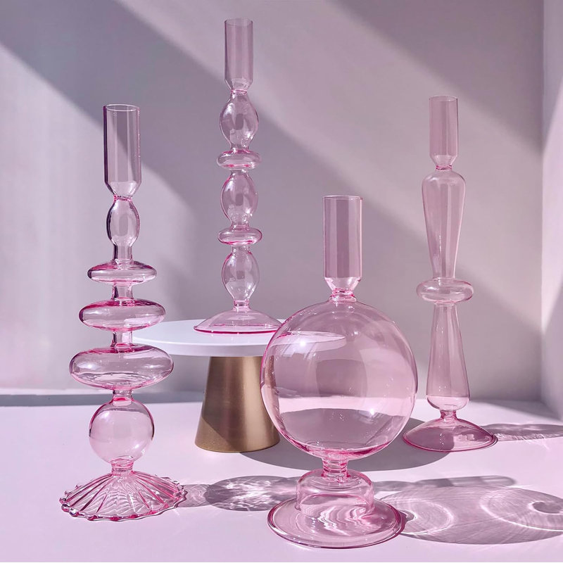 Set Of 4 Pink Glass Candle Holders