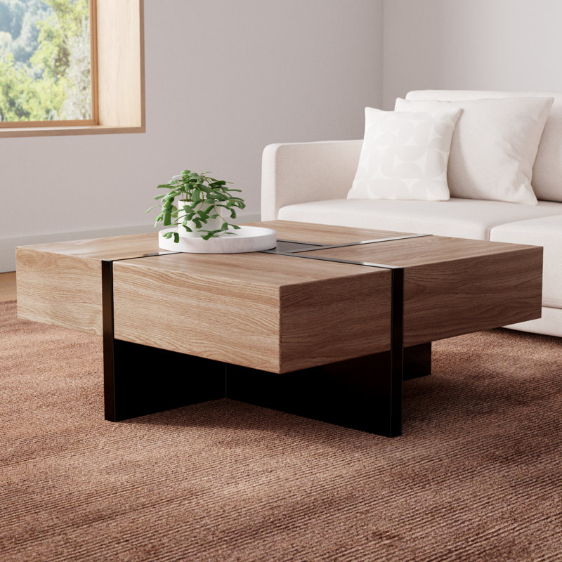 Billie Modern Walnut & Black Square Coffee Table with Hidden Storage
