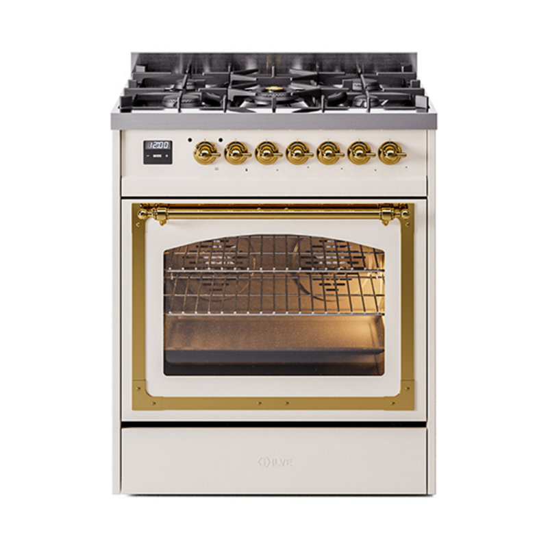 ILVE Nostalgie II Noblesse 30 in Dual Fuel Range, Antique White/Brass, Natural Gas