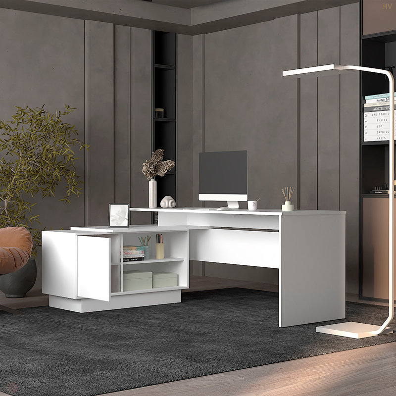 Bureau en L de 70 po de largeur avec une armoire et deux tablettes ouvertes Emery